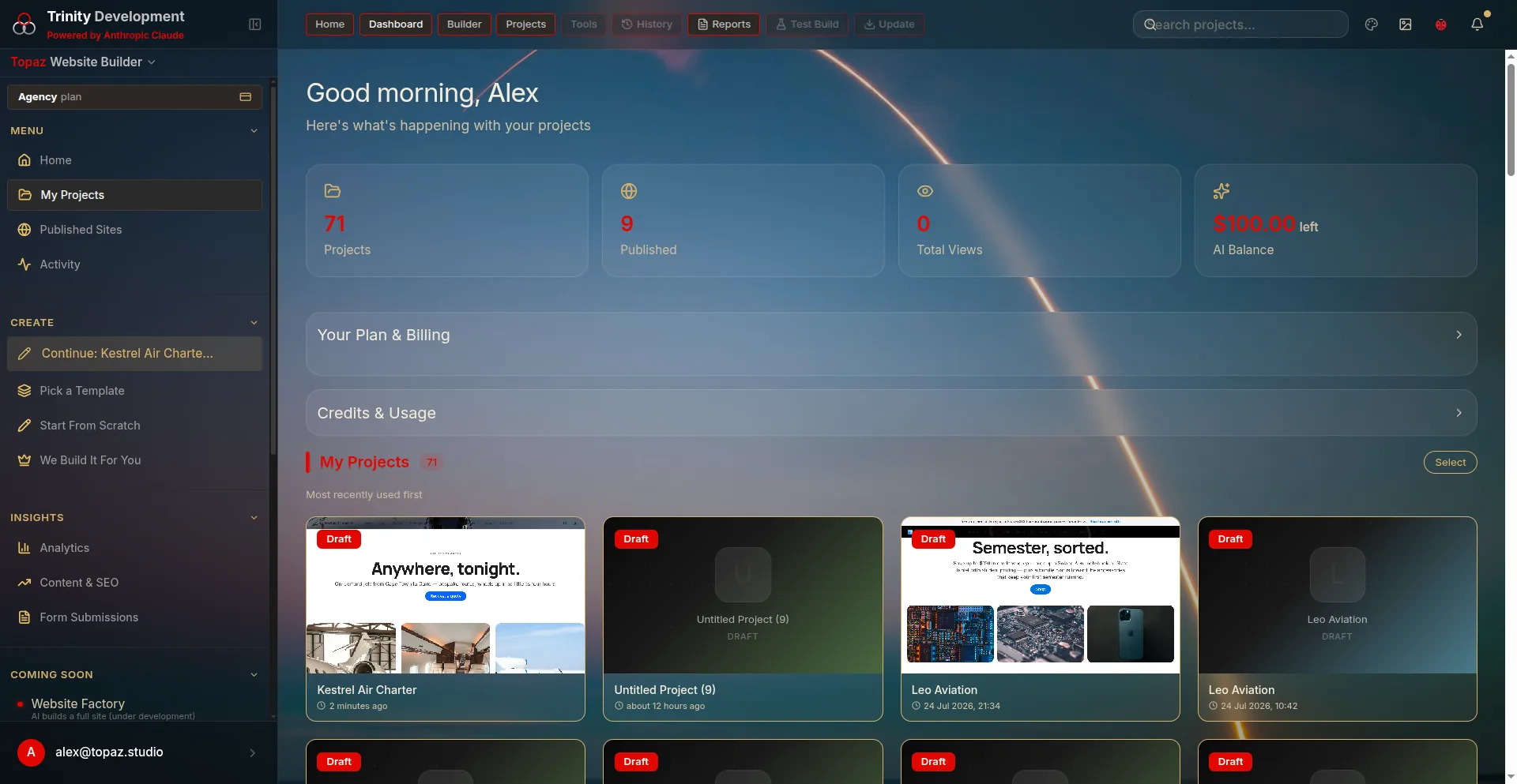 The Topaz dashboard — projects, plan and credits at a glance, shown with one of many background looks