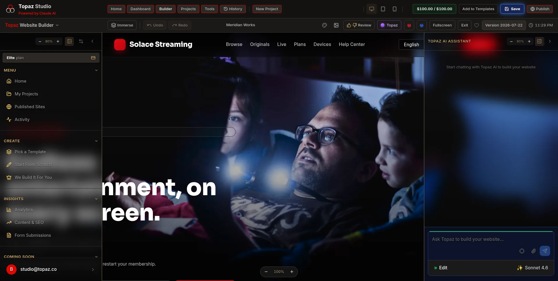 The Topaz Builder editing a live streaming-service website in real time, with the AI chat assistant alongside